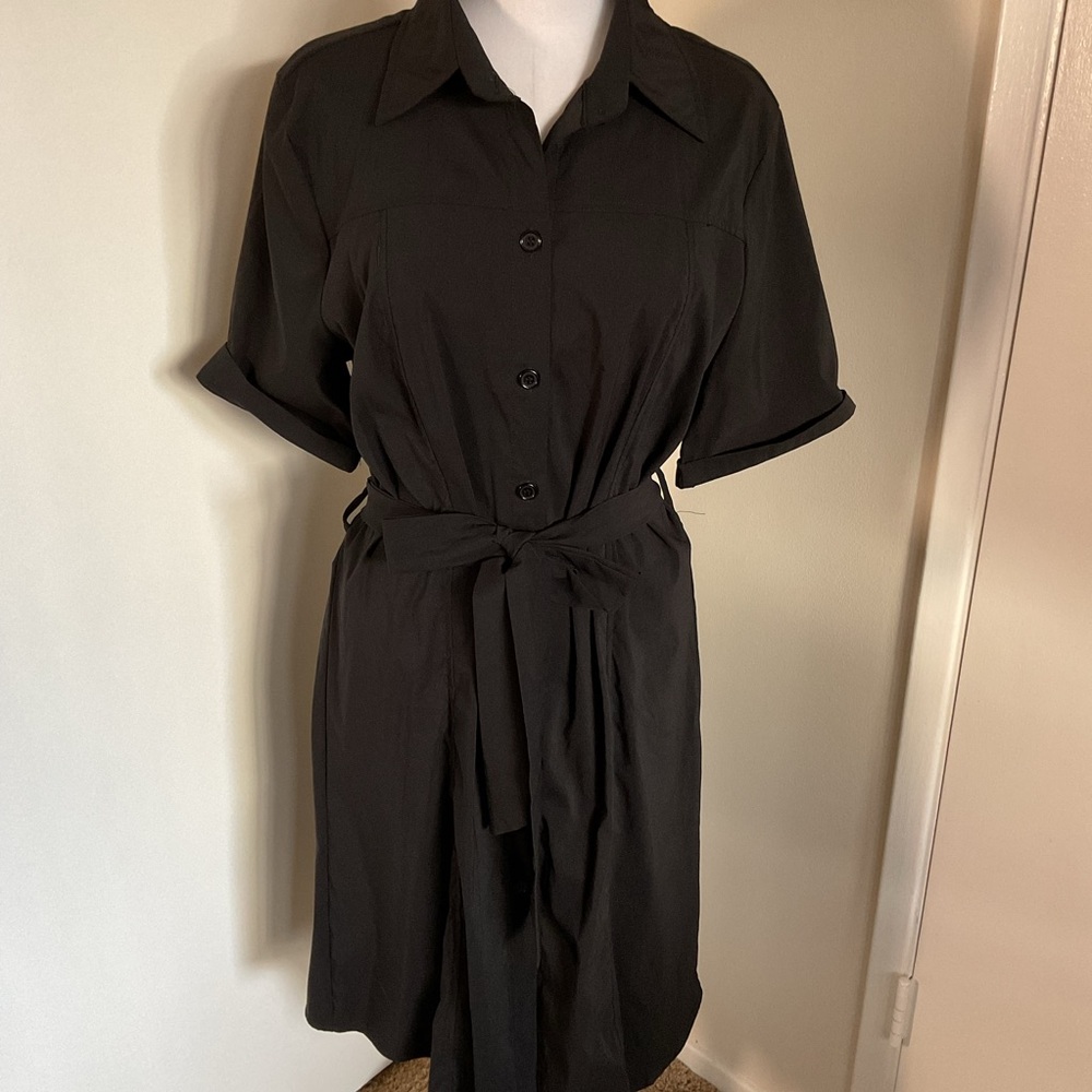 Classic Black Shirt Midi Dress with Tie Waist
